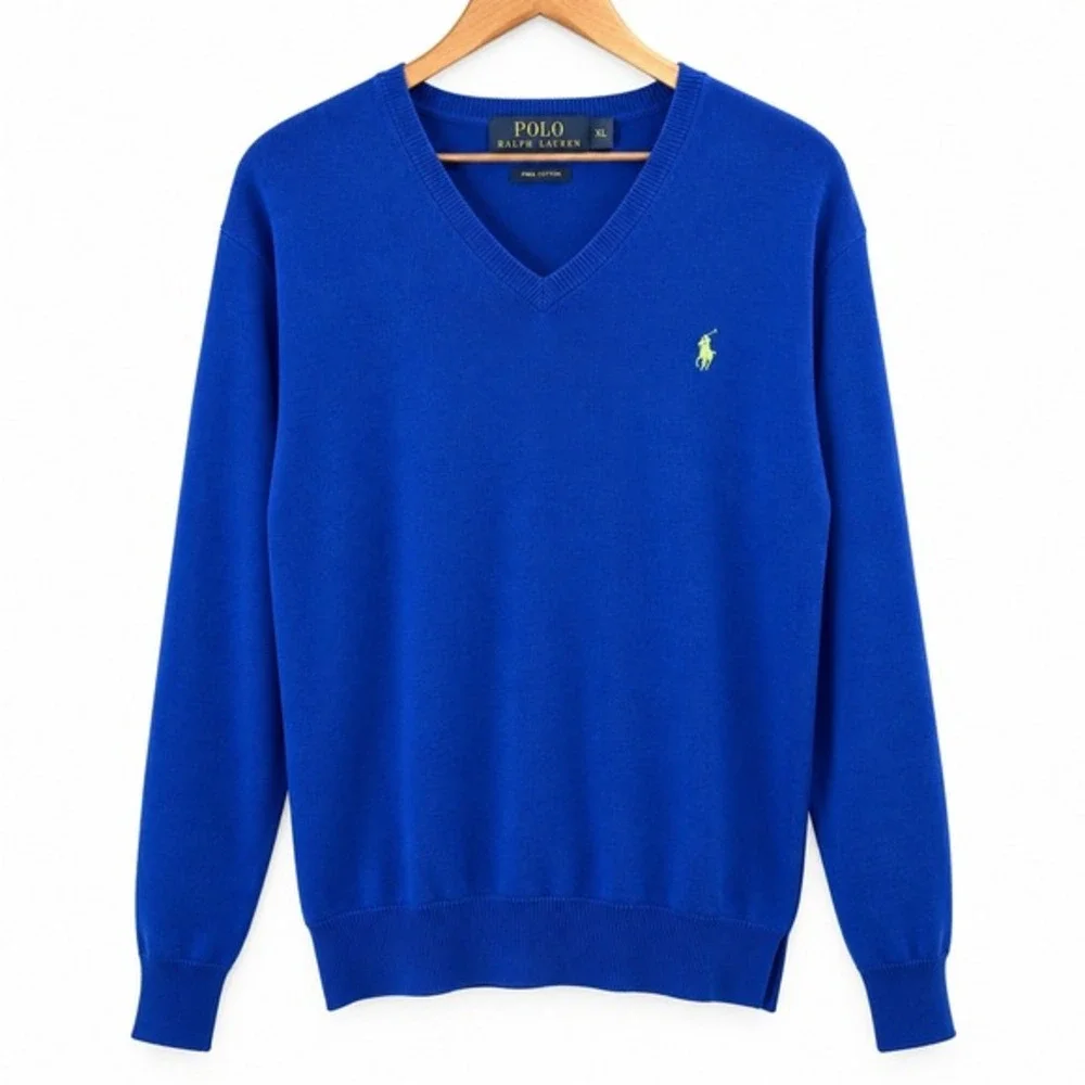 Polo‎ Ralph Lauren Cobalt Blue Sweater Mens XL Cotton Preppy Coastal Logo V-Neck